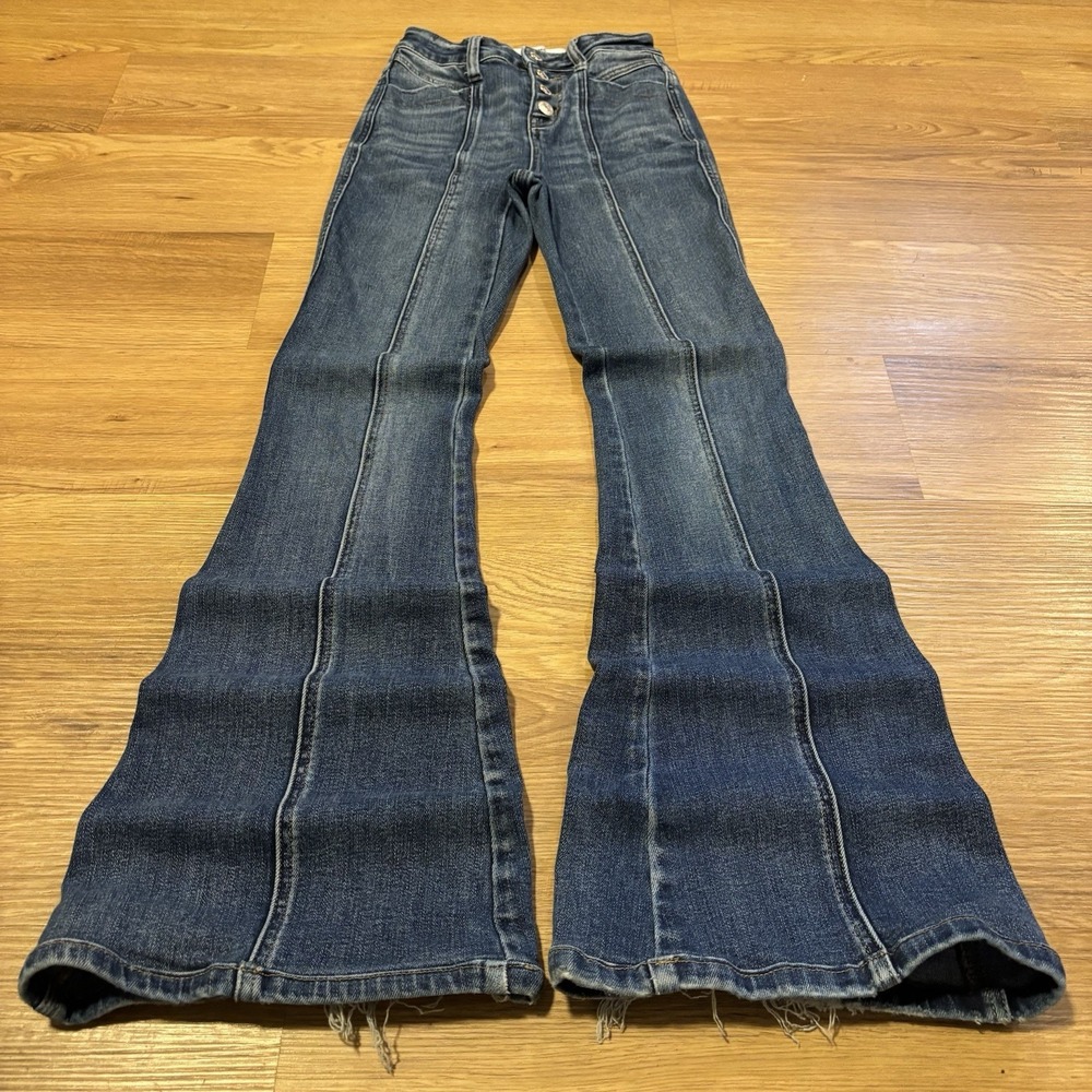 Flying Monkey Jeans Womens 22 High Rise Super Flare Dark Wash Distressed Stretch